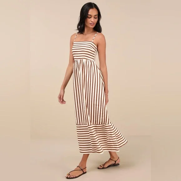 Lulus NWOT Exceptionally Pristine Brown/Cream Striped Cutout Midi Dress, Size XL - Picture 3 of 14